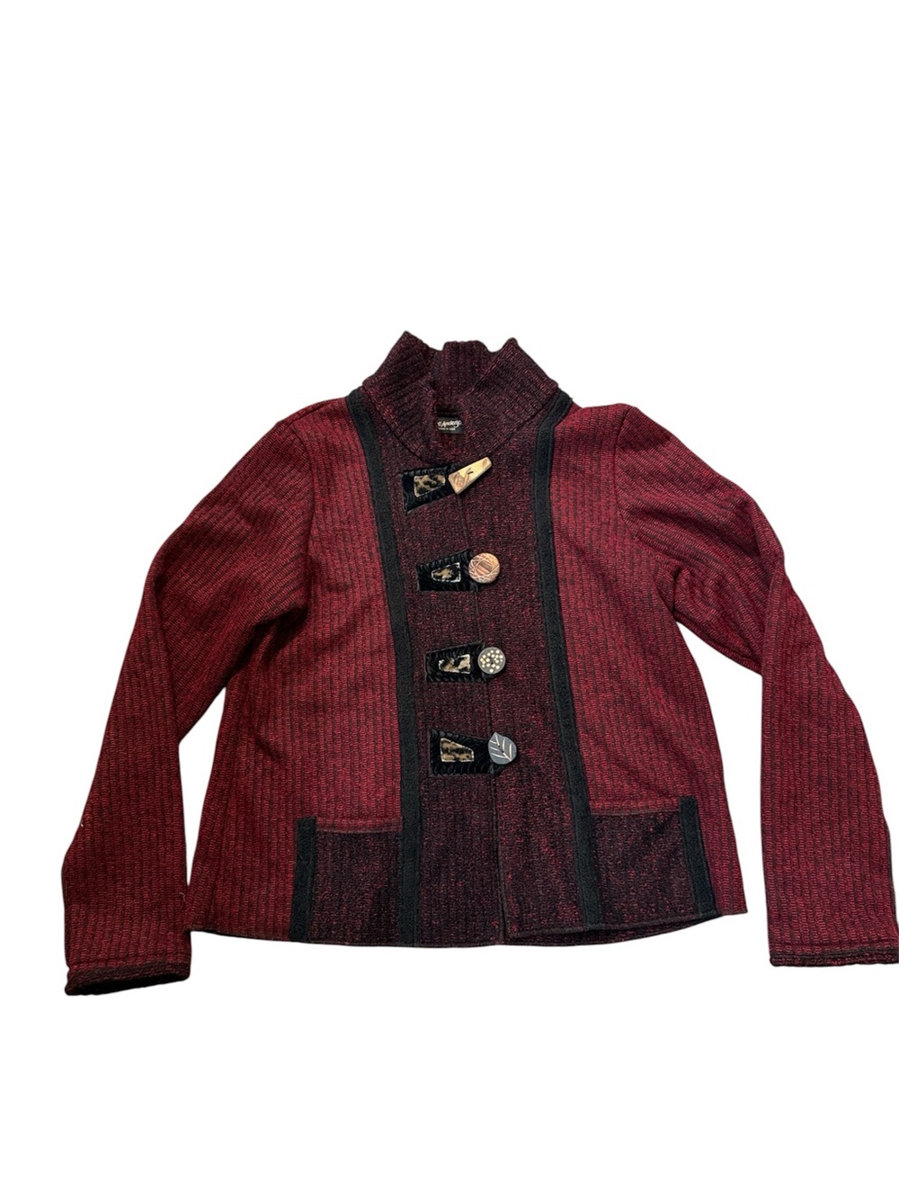 Lee Andersen Vintage Knit Jacket Burgundy Black Toggle Large Made in USA Boho